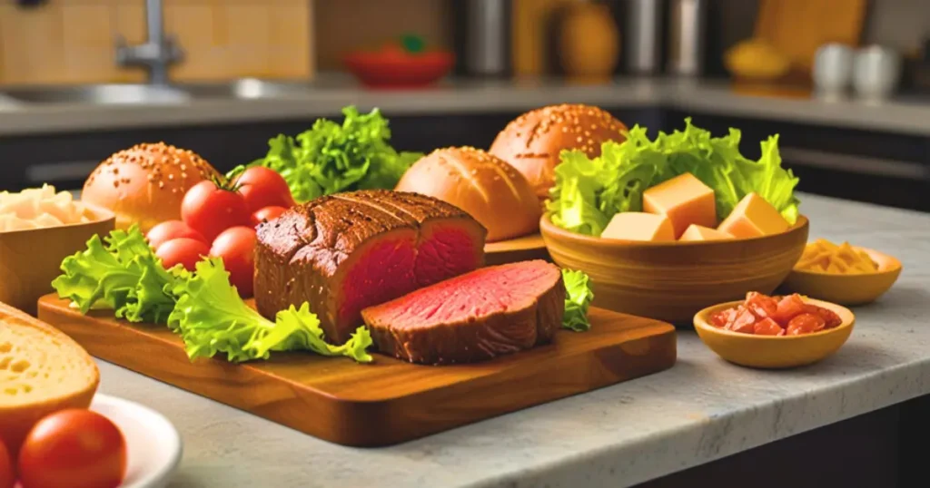 Fresh ingredients for a wagyu burger including wagyu beef, lettuce, tomato, cheddar cheese, and brioche buns.