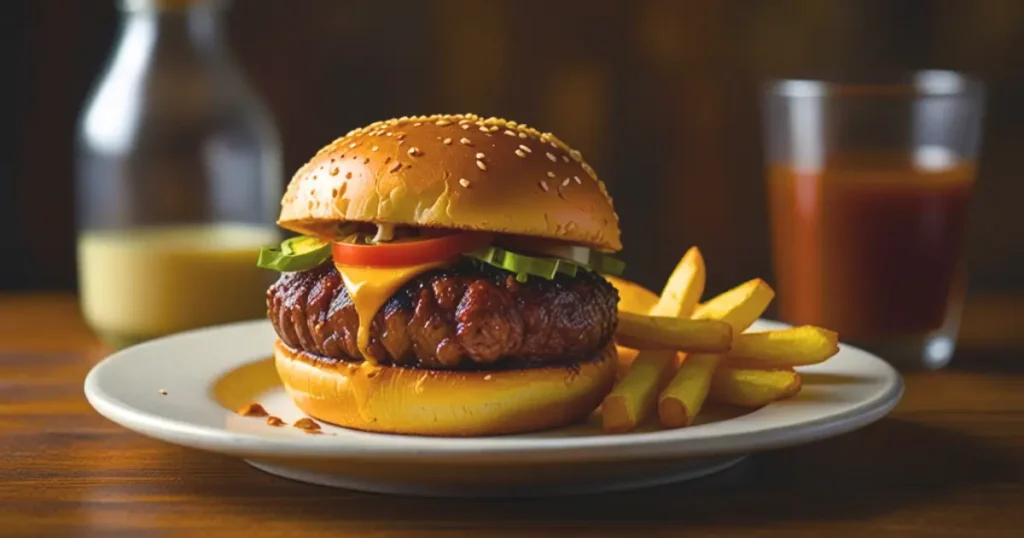 Delicious, gourmet wagyu burger with juicy patty, cheddar cheese, lettuce, tomato, and a toasted brioche bun.