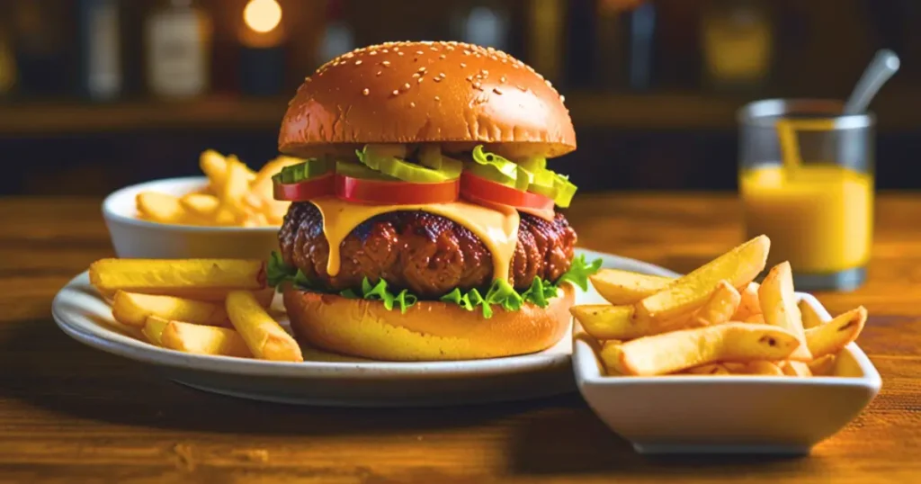 A wagyu burger served with crispy fries and dipping sauce, cut in half to reveal its juicy interior.