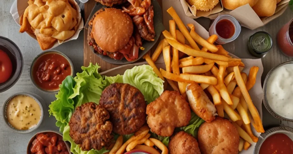 Fresh ingredients including beef patties, spicy wings, cheese, and burger buns arranged on a wooden countertop.