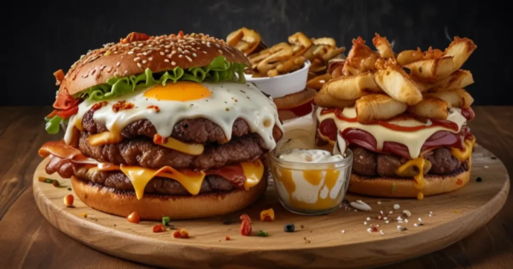 A massive burger, spicy wings, and a loaded pizza served on wooden trays, ready for a Food Challenges Near Me.