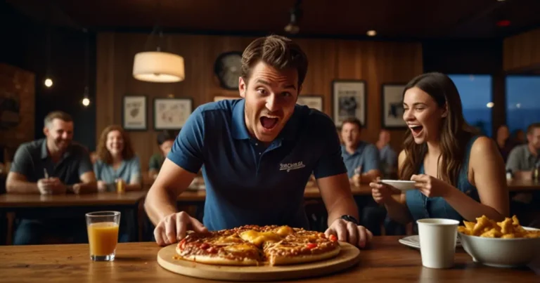 A contestant taking on a massive food challenge in a lively restaurant with a timer counting down.