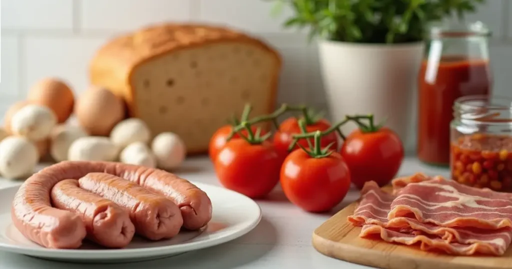 Ingredients for a Full English Breakfast laid out on a kitchen counter, including sausages, eggs, bacon, mushrooms, tomatoes, and beans.