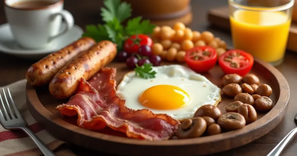 A beautifully arranged Full English Breakfast with eggs, sausage, bacon, mushrooms, tomatoes, and beans, served with a cup of tea.