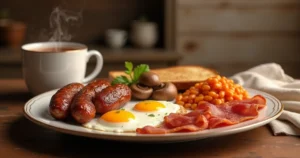 A delicious Full English Breakfast with sausages, eggs, bacon, mushrooms, tomatoes, beans, and toast on a rustic wooden table with a cup of tea.