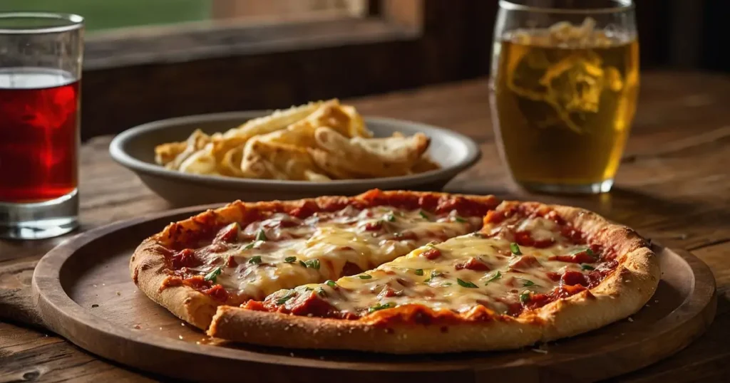 A slice of Jets Pizza with a side of dipping sauce, served on a rustic wooden plate, ready for a cozy meal.