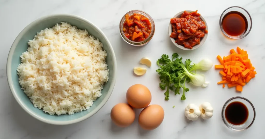 Close-up of ingredients for Kimchi Fried Rice: rice, kimchi, vegetables, garlic, soy sauce, and eggs.