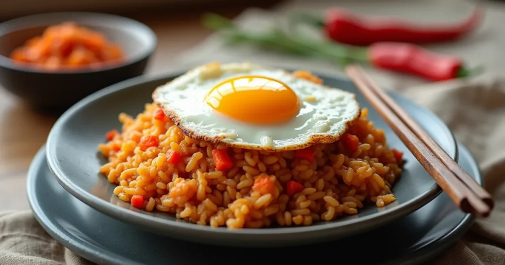 Kimchi Fried Rice served with a fried egg, accompanied by kimchi and chili peppers.