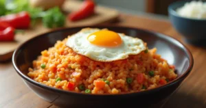 Realistic image of Kimchi Fried Rice topped with a fried egg, served with fresh kimchi and chili peppers.