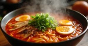 A bowl of Szechuan Pepper Spicy Ramen with red broth, topped with green onions, soft-boiled eggs, and chicken, sitting on a wooden kitchen table.