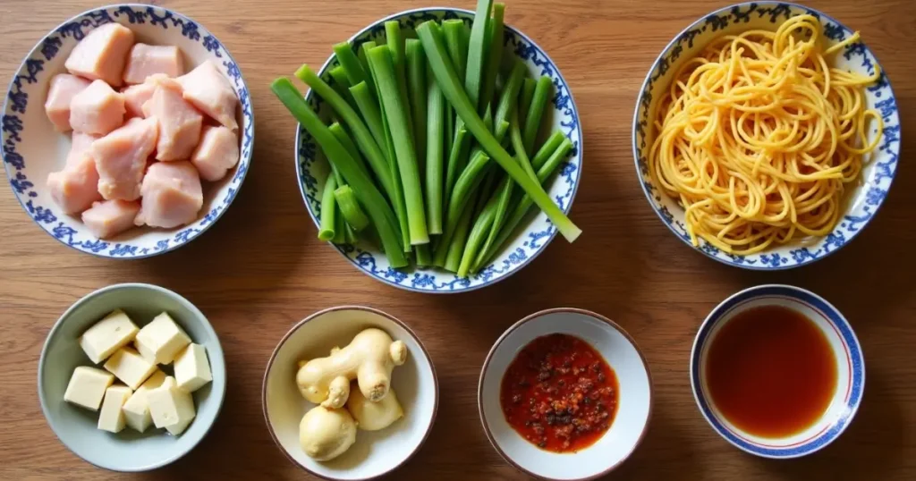 Ingredients for Szechuan Pepper Spicy Ramen, including ramen noodles, chicken, green onions, garlic, ginger, and Szechuan peppercorns, arranged on a kitchen counter.