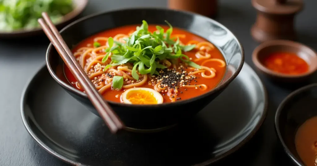 A beautifully served bowl of Szechuan Pepper Spicy Ramen with green onions, sesame seeds, and a drizzle of sesame oil, accompanied by chili oil.