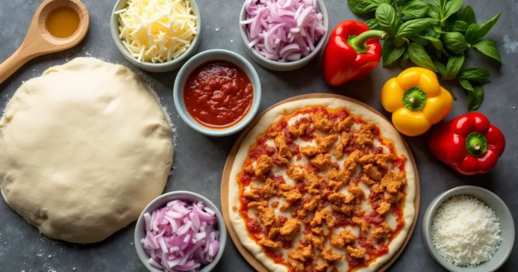 Fresh ingredients for a California Pizza Kitchen-inspired pizza, including mozzarella, BBQ chicken, red onions, bell peppers, and fresh basil.