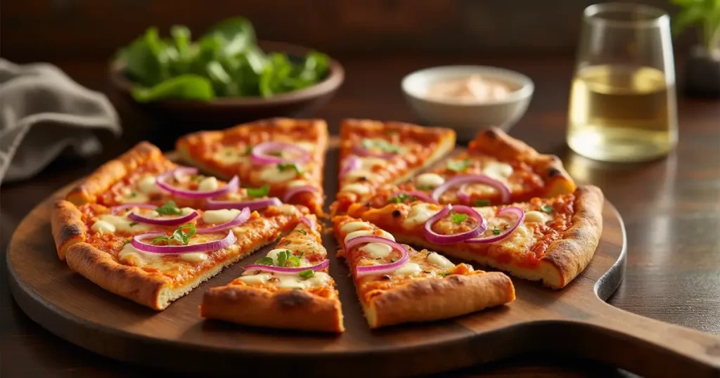 Sliced California Pizza Kitchen-inspired pizza served with dipping sauce, mixed greens, and a glass of sparkling water, ready to enjoy.