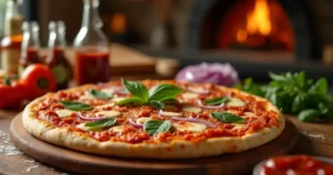 A freshly baked California Pizza Kitchen-inspired pizza with BBQ chicken, mozzarella cheese, and red onions, served on a rustic wooden cutting board.