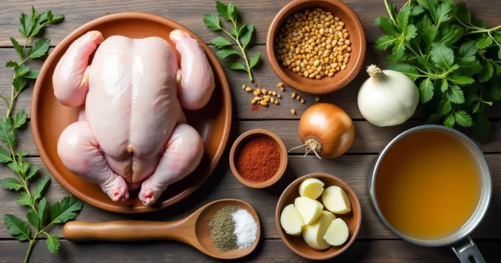 Ingredients for chicken base, including fresh chicken, onions, garlic, herbs, and spices on a wooden surface.