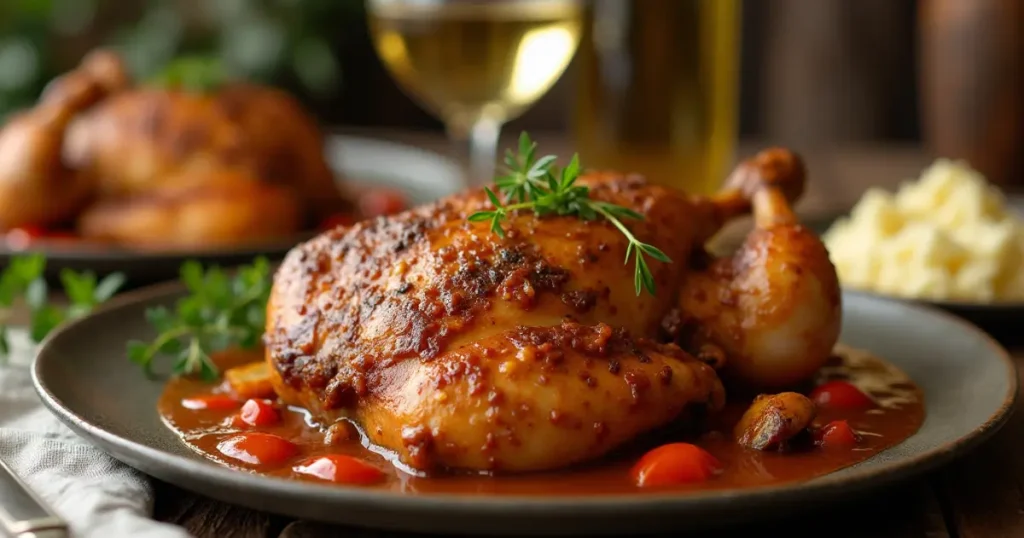 A delicious chicken dish with a rich chicken base, served with roasted vegetables and mashed potatoes.