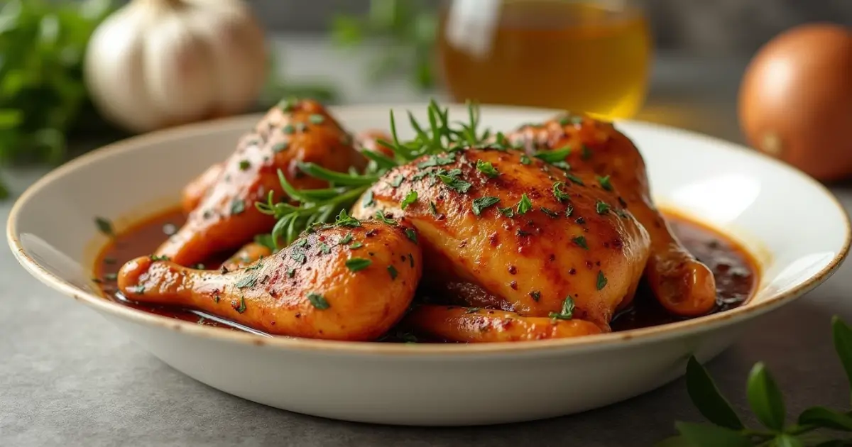 A beautifully plated chicken dish with chicken base and fresh herbs, set against a kitchen backdrop.