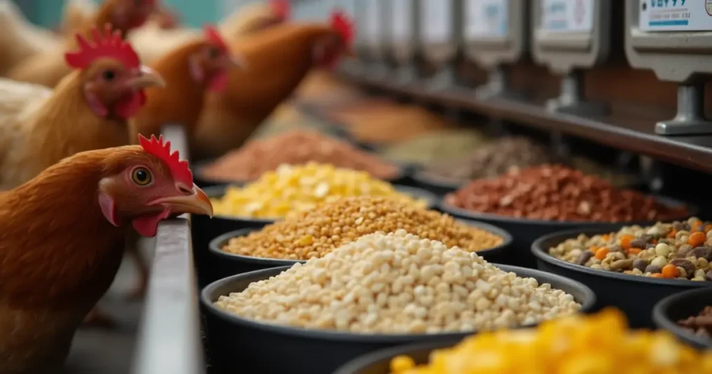 Essential ingredients for chicken feed: grains, seeds, and supplements in bowls.