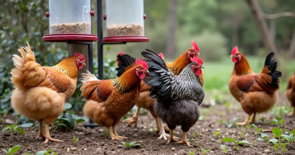 Chickens using strategically placed feeders in a farmyard setting.