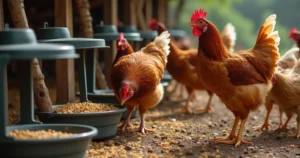 Modern chicken feeders in a rustic farmyard with Sapphire Gem and Cinnamon Queen chickens.