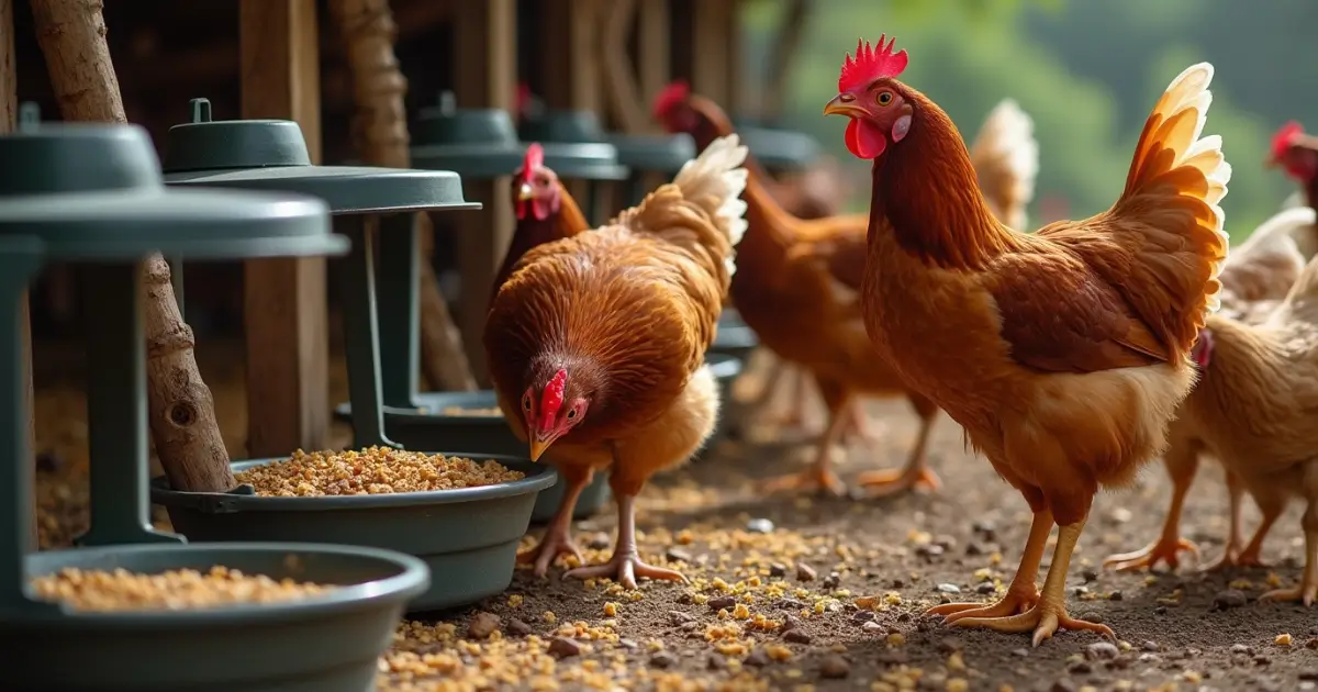 Modern chicken feeders in a rustic farmyard with Sapphire Gem and Cinnamon Queen chickens.