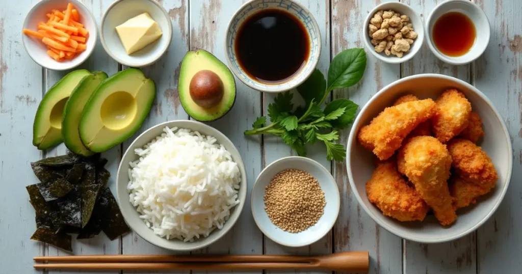 The fresh ingredients for chicken tempura roll, including sushi rice, nori, tempura chicken, avocado, sesame seeds, and teriyaki sauce.