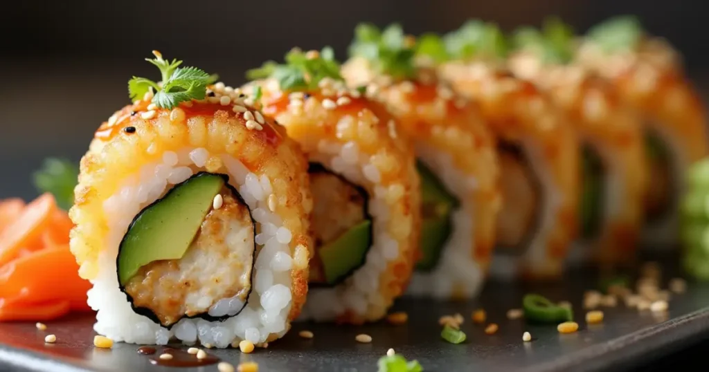 A beautifully plated serving of chicken tempura rolls, garnished with green onions, pickled ginger, and a drizzle of teriyaki sauce, ready to be enjoyed.