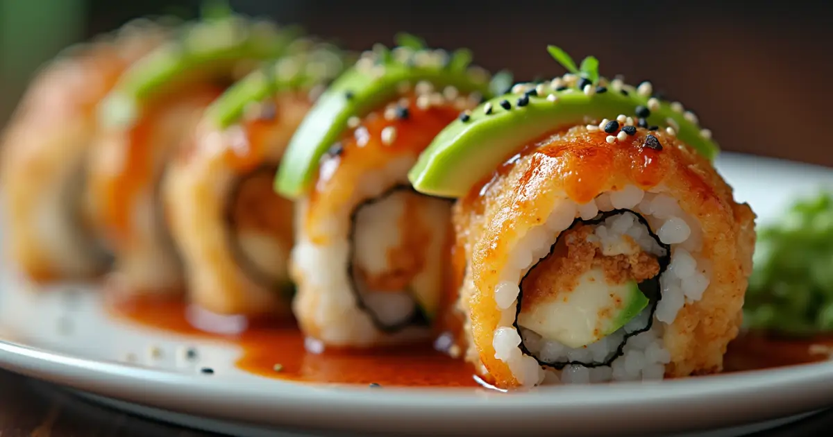 A beautifully plated chicken tempura roll with crispy tempura chicken, avocado, sesame seeds, and a drizzle of teriyaki glaze, perfect for sushi lovers.