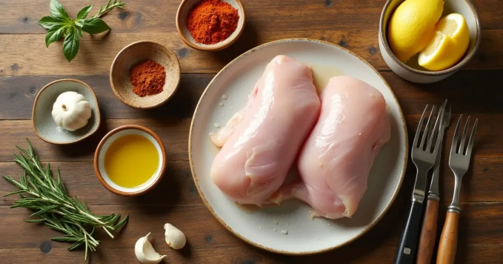 Fresh ingredients for cinnamon queen chicken on a wooden countertop.