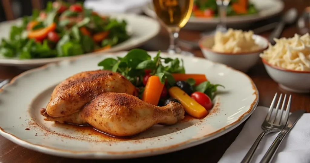 Cinnamon queen chicken served with sides like roasted vegetables and coleslaw.