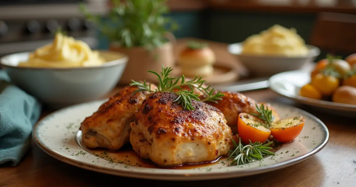 Juicy cinnamon queen chicken served with roasted vegetables on a rustic kitchen table.