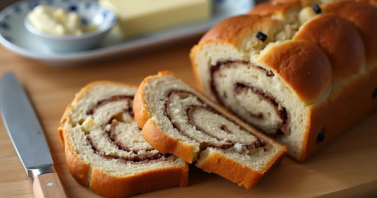 A golden-brown keto cinnamon raisin bread loaf with slices revealing a soft, swirled interior, placed on a rustic wooden cutting board.