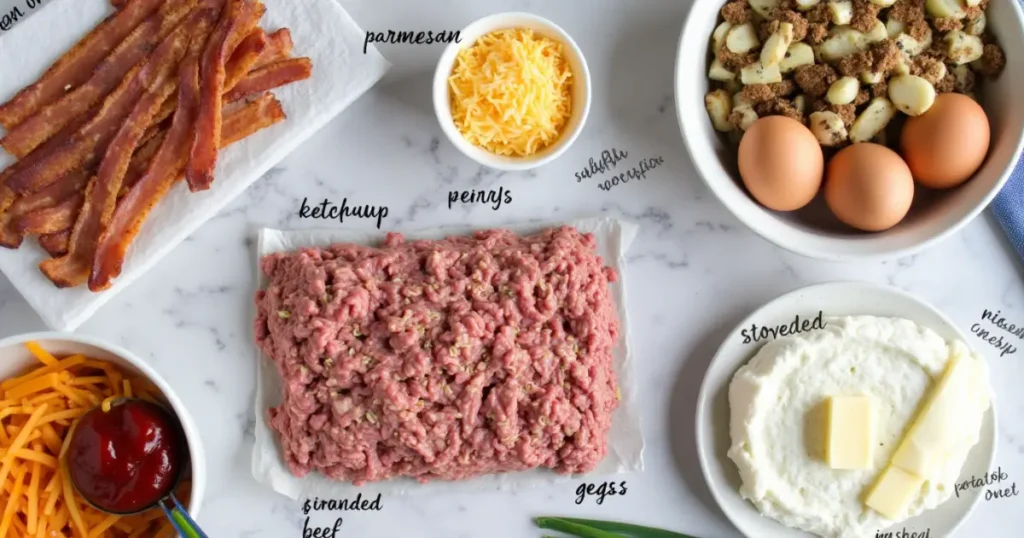 A rustic countertop with fresh ingredients for cowboy meatloaf and potato casserole, including potatoes, beef, eggs, onions, and seasonings.