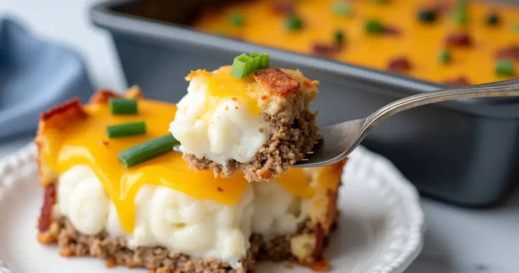 A slice of cowboy meatloaf and potato casserole served with steamed vegetables, garnished with fresh parsley on a rustic plate.