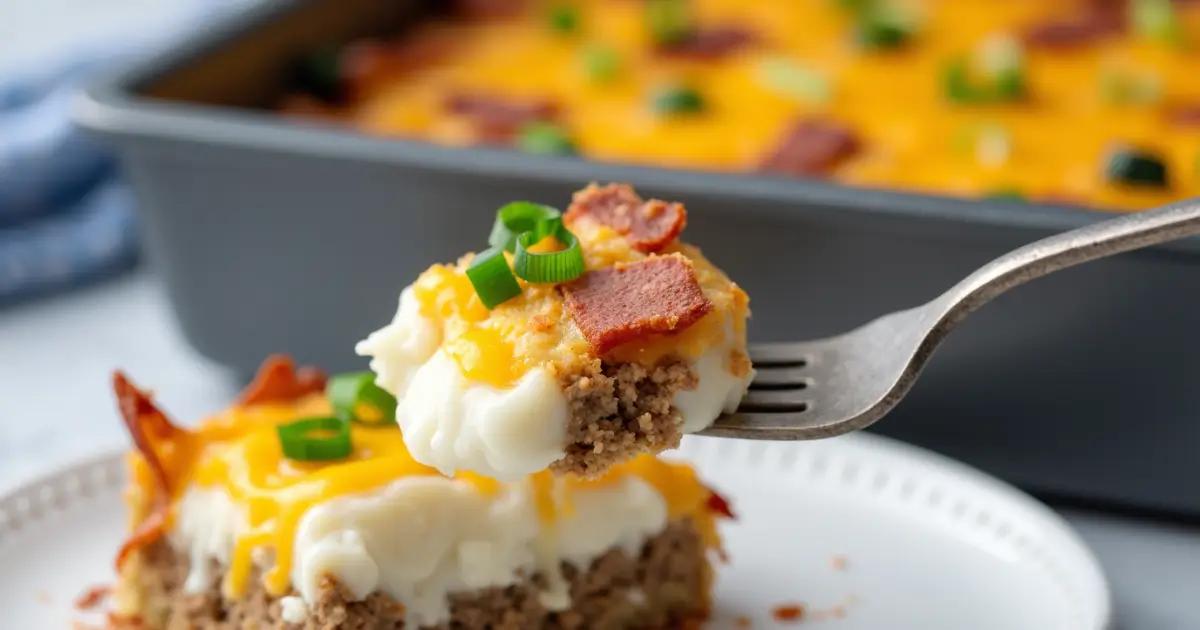 A rustic, cozy kitchen with a golden cowboy meatloaf and potato casserole on a wooden table, surrounded by ingredients like fresh herbs and potatoes.