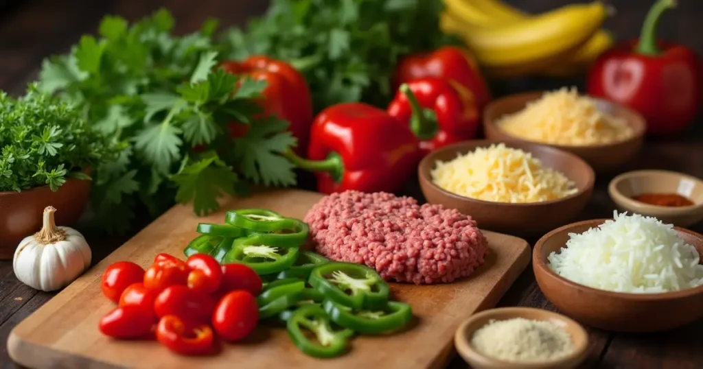 Fresh ingredients including Cubanelle peppers, spices, and cheese on a wooden cutting board.