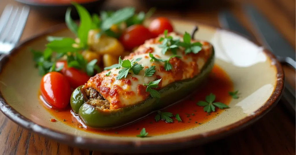 Stuffed Cubanelle peppers served on a rustic plate with garnishes.