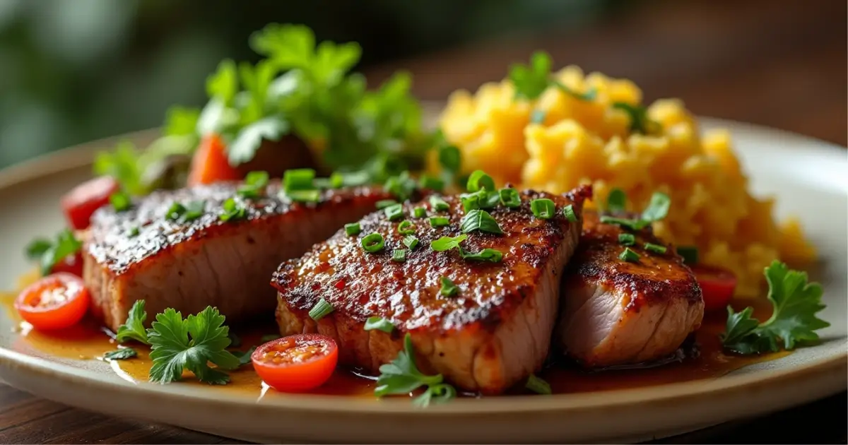 A plate of delicious, tender drake meat leak served with roasted vegetables, herbs, and a side of rice.