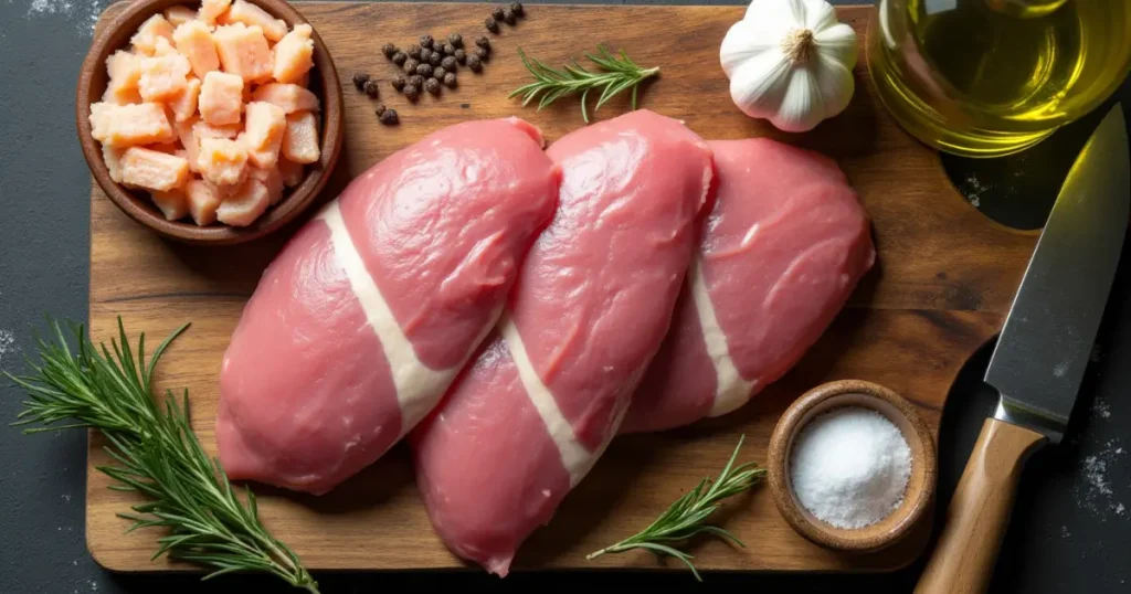 Fresh drakes meat with seasonings and ingredients on a wooden cutting board.