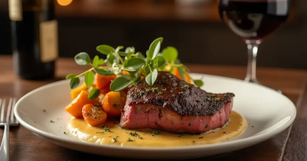 A plated drakes meat dish with roasted vegetables and a creamy sauce.