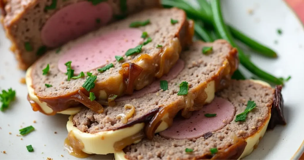 French Onion Meatloaf served with mashed potatoes, caramelized onions, Swiss cheese, and a fresh salad, creating a hearty and balanced meal.