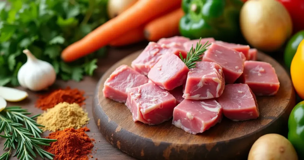 A spread of fresh ingredients for a goat meat dish, including herbs, garlic, onions, colorful spices, and vegetables. Ready for a delicious cooking experience.