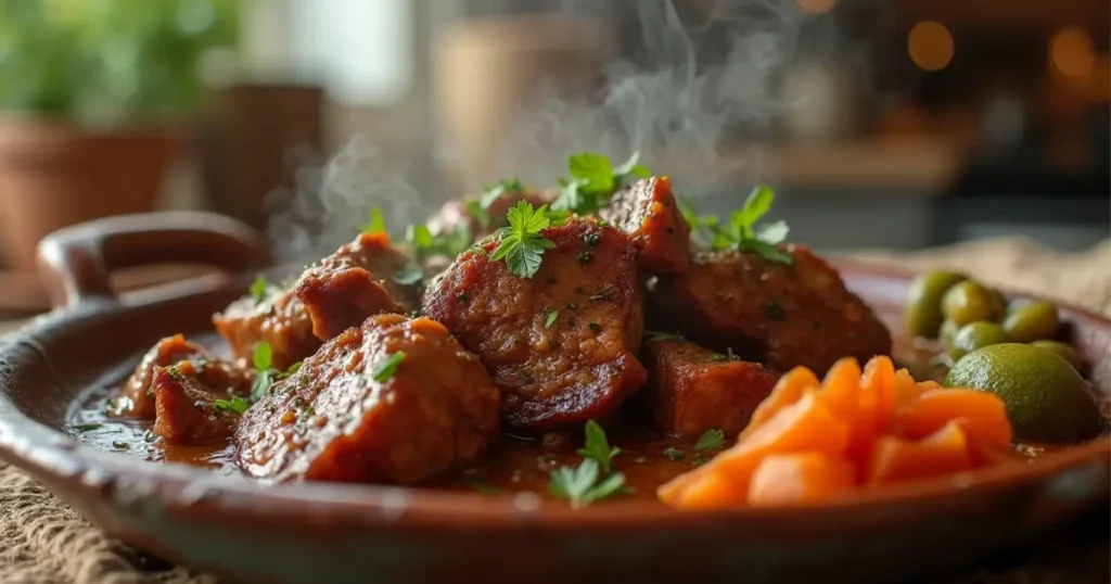 A plated serving of tender goat meat with roasted vegetables and fresh herbs, garnished and served with rice, creating a comforting and flavorful meal.