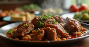 A hearty plate of slow-cooked goat meat garnished with fresh herbs, surrounded by vegetables, capturing the comfort and richness of a home-cooked meal.