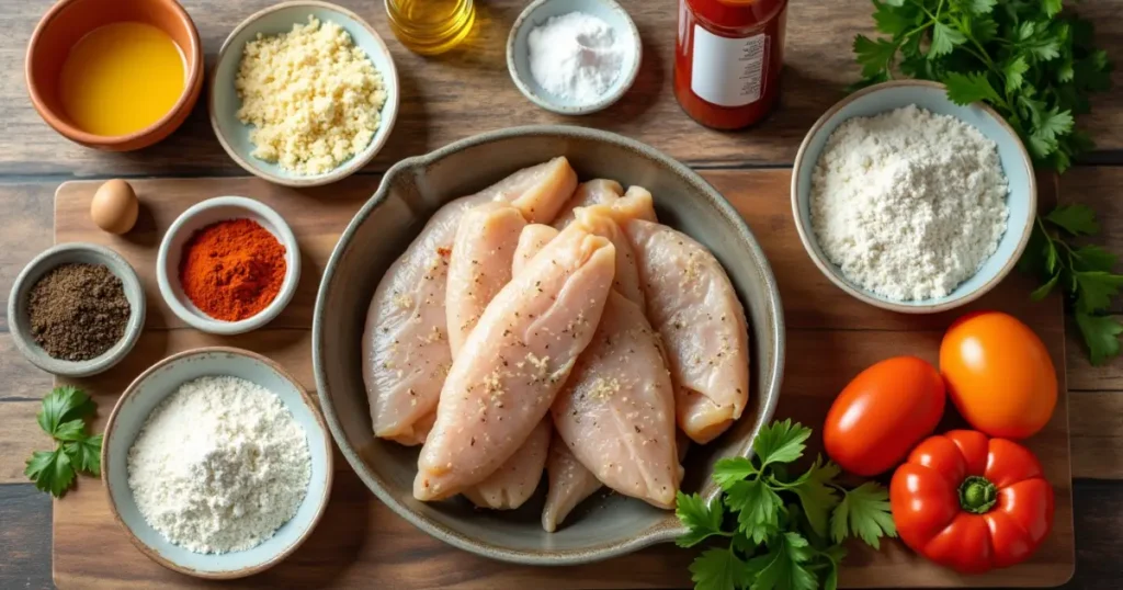 Ingredients for hip hop fish and chicken including fish fillets, chicken, spices, flour, and fresh herbs arranged on a wooden countertop.