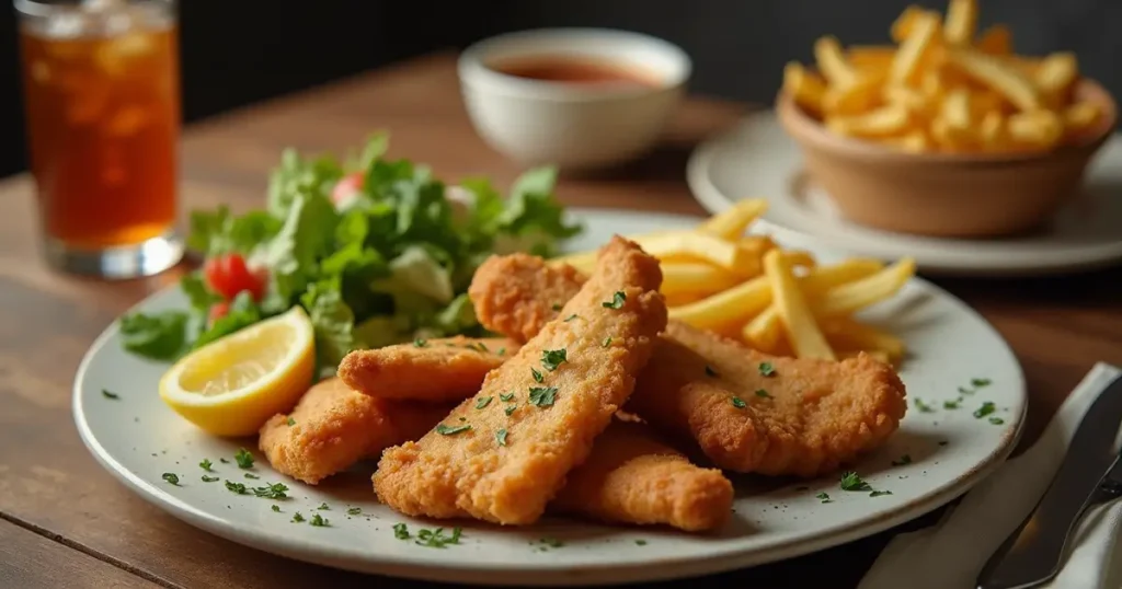 A beautifully served plate of hip hop fish and chicken with fries, salad, and dipping sauce, set on a dining table with a casual atmosphere.