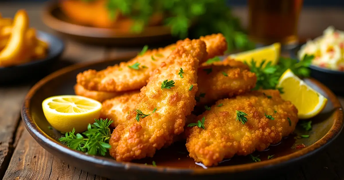 A plate of crispy, golden fried hip hop fish and chicken with sides of fries and coleslaw, garnished with fresh herbs and lemon.