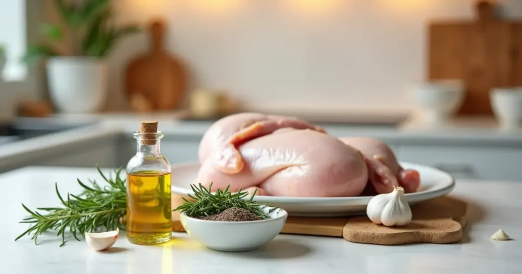 Fresh ingredients for Isa Brown chicken recipe, including herbs, spices, and chicken.