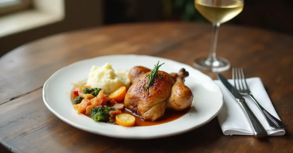 An elegantly plated serving of Isa Brown chicken with roasted vegetables and mashed potatoes.